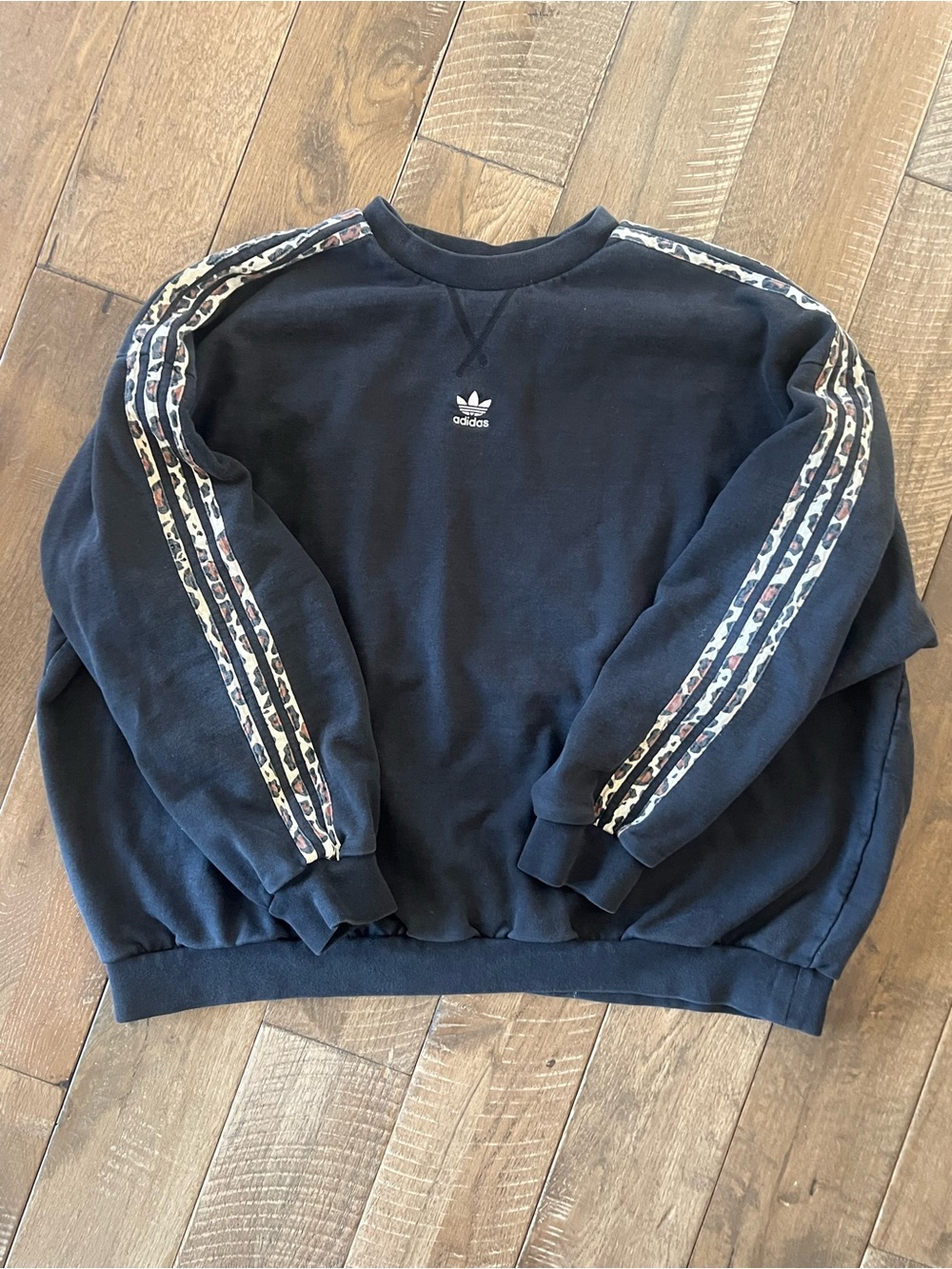 adidas Black Crewneck Sweatshirt with Leopard-Print Three Stripes